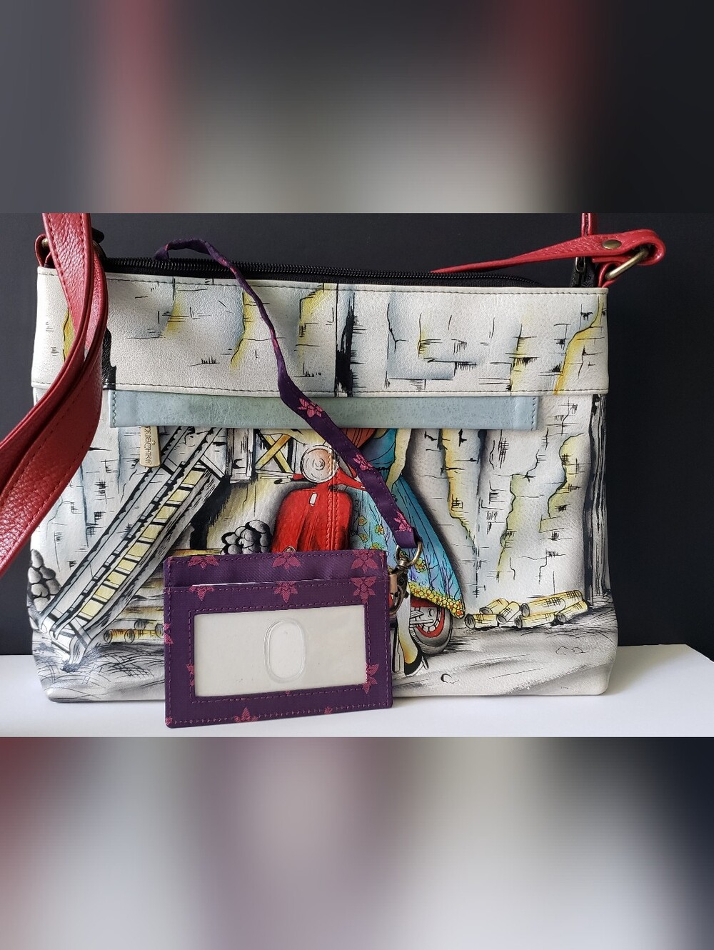 NWT Anuschka Leather Asymmetric Crossbody Bag Roman Dreams Scooter Art 8354 - Picture 9 of 16